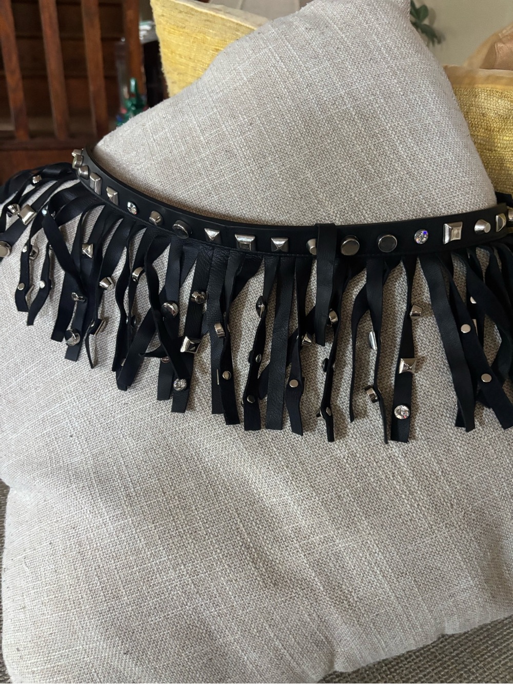 Blumarine Black Fringe Studded Belt with Crystal Accents